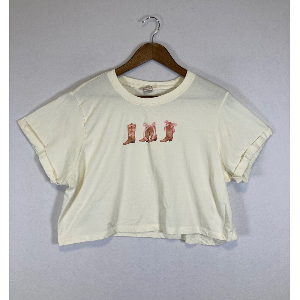 Messy Bun‎ Just Chillin Boot Bow Graphic Tee Women Large Cream Western Coquette